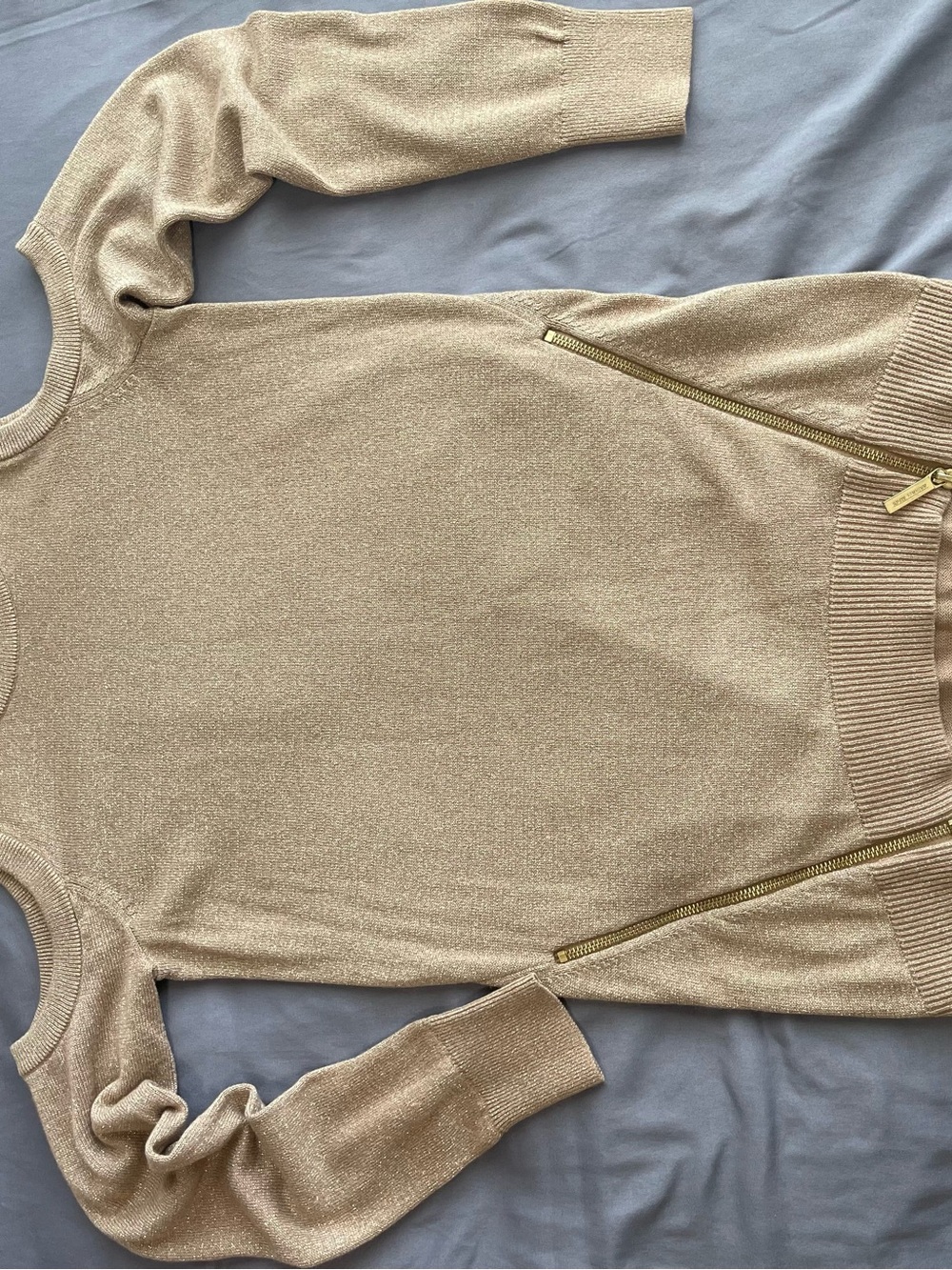 Michael Kors Metallic Cream Crewneck Sweater with Gold Zippers